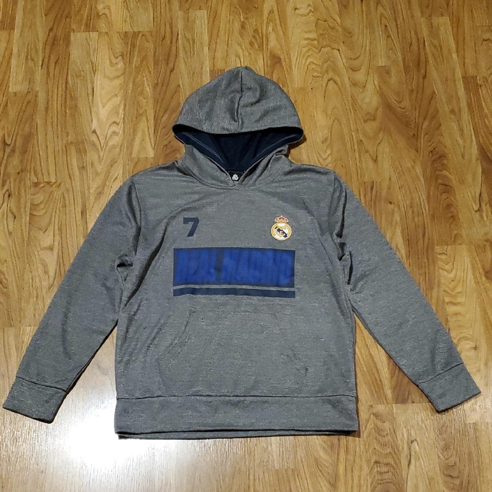 Real Madrid Soccer Charcoal Gray Hoodie with Blue Accents Youth Size L